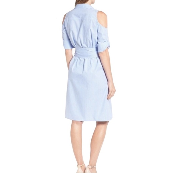 Draper James Dress Stripe Poplin Cold Shoulder Dress Blue White Size 14 NWT - Picture 3 of 7